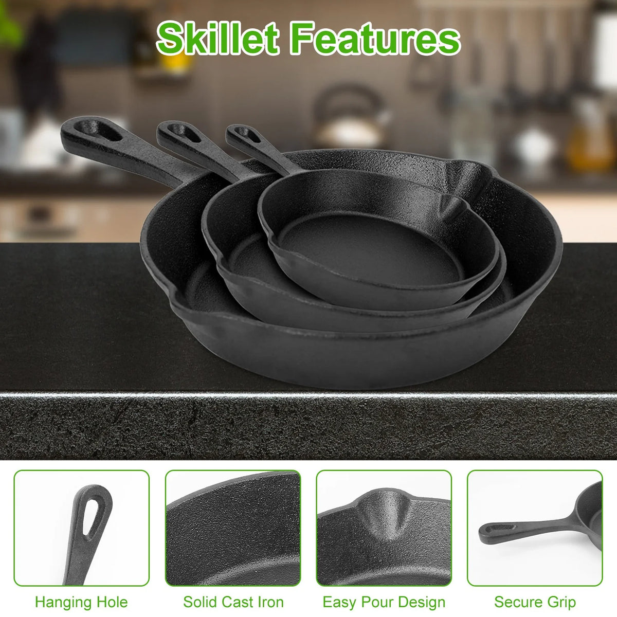 3Pcs Pre-Seasoned Cast Iron Skillet Set for Indoor Outdoor 6In 8In 10In Non-Stick Oven Safe Cookware Heat-Resistant Frying Pan for Frying Cooking Baking
