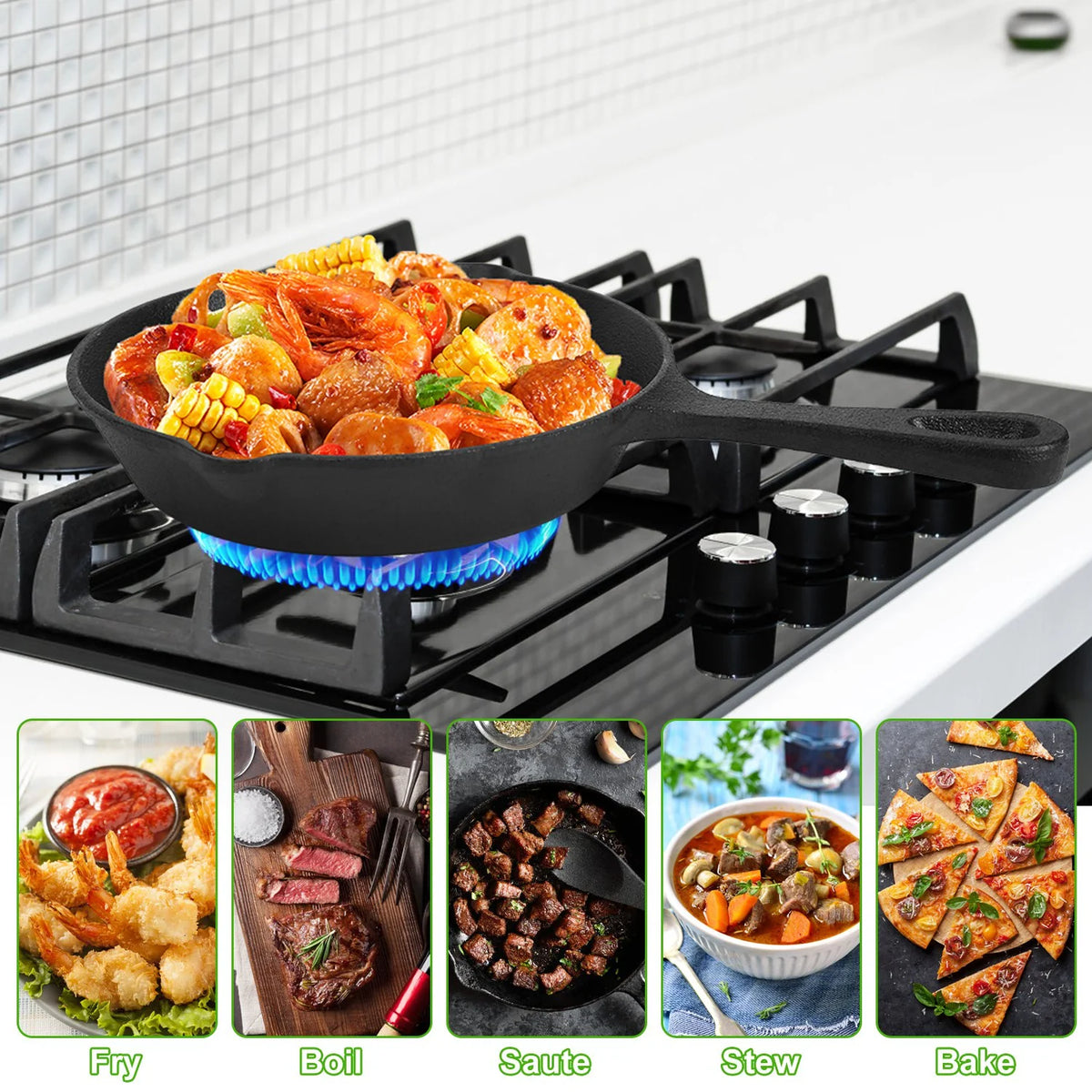 3Pcs Pre-Seasoned Cast Iron Skillet Set for Indoor Outdoor 6In 8In 10In Non-Stick Oven Safe Cookware Heat-Resistant Frying Pan for Frying Cooking Baking