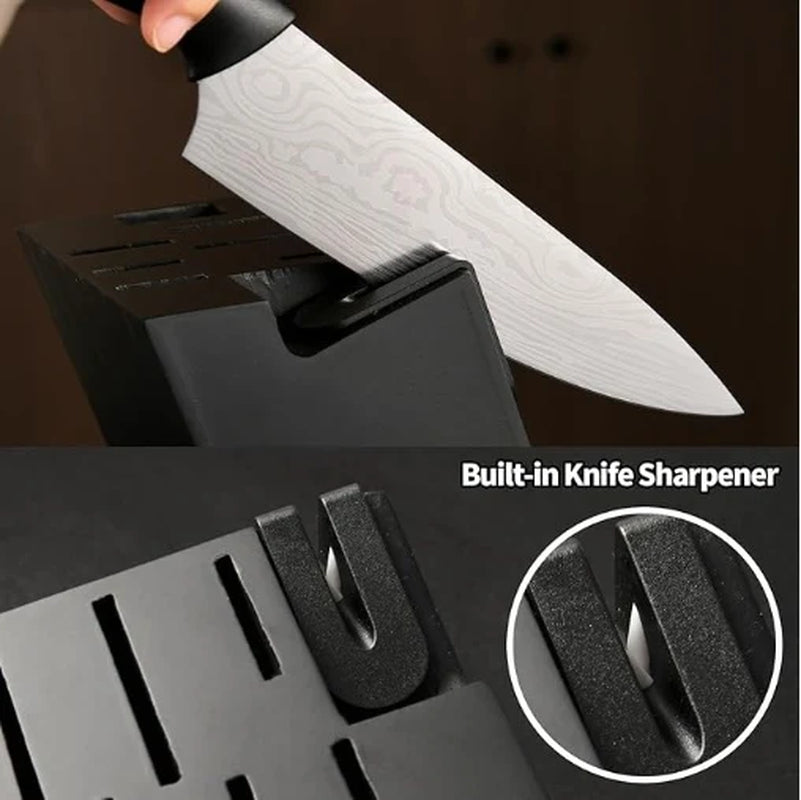 Damascus Pattern 15-Piece Kitchen Knife Set with Block, High Carbon Steel Chef Knife, Includes Sharpener and Scissors, Ergonomic Black Anti-Slip Handle and Red Trim, Perfect for Professionals