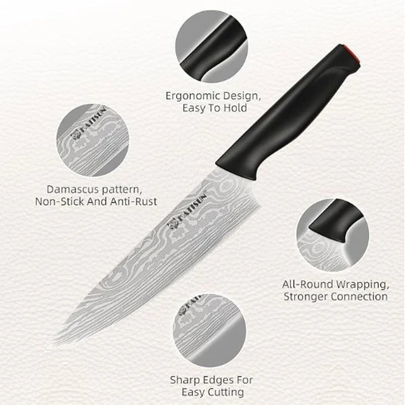 Damascus Pattern 15-Piece Kitchen Knife Set with Block, High Carbon Steel Chef Knife, Includes Sharpener and Scissors, Ergonomic Black Anti-Slip Handle and Red Trim, Perfect for Professionals