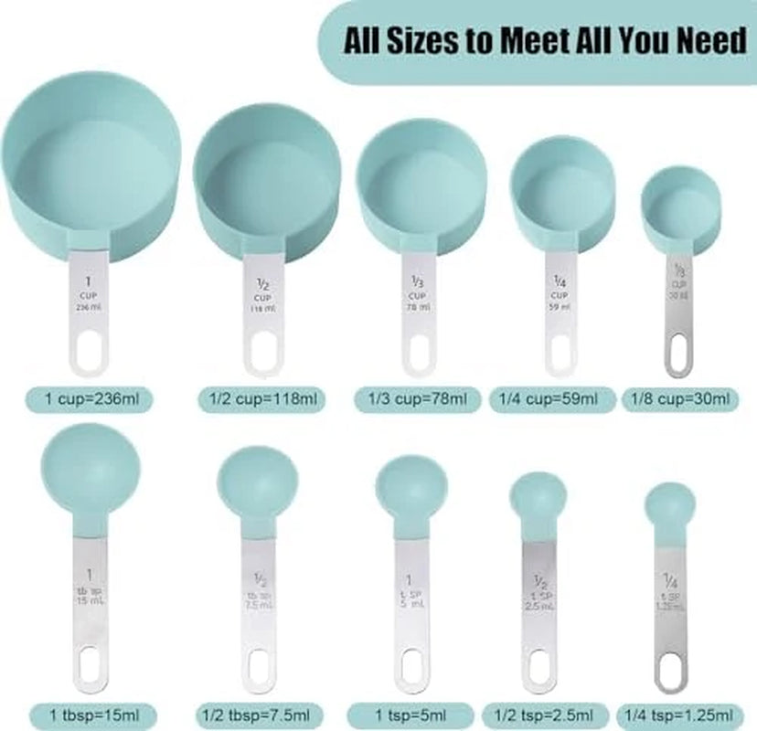 Measuring Cups and Spoons Set, 10-Piece Stackable Kitchen Tools with Stainless Steel Handles, Nesting Measurement Gadgets for Cooking & Baking (Mint Green)