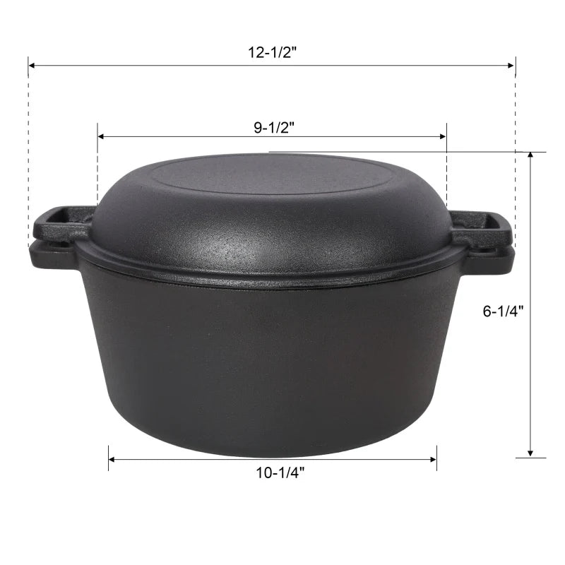 One in One Pre Seasoned Cast Iron Dutch Oven with Dual Handles, Outdoor Camping Deep Pot, with 2 Silicone Handle Covers