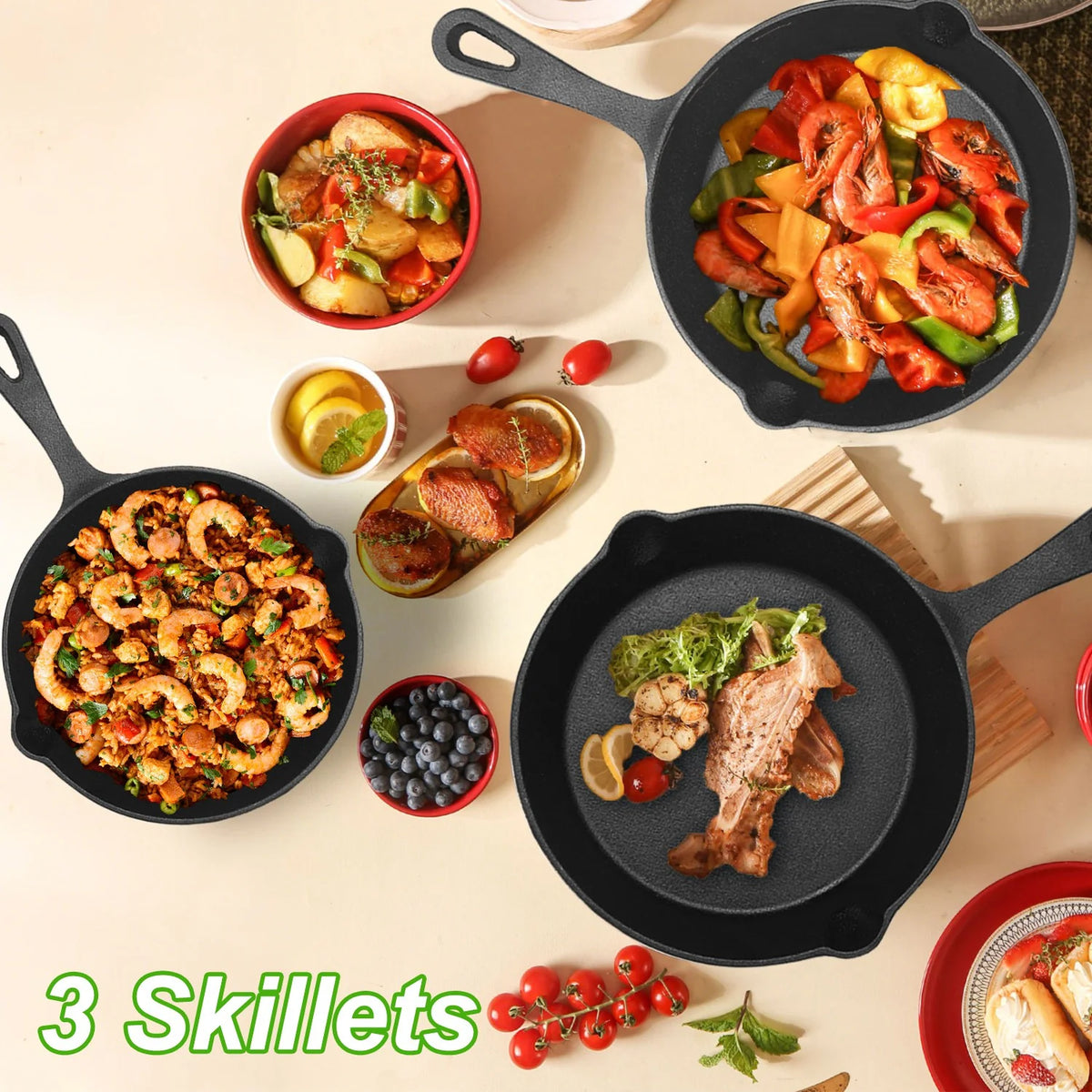 3Pcs Pre-Seasoned Cast Iron Skillet Set for Indoor Outdoor 6In 8In 10In Non-Stick Oven Safe Cookware Heat-Resistant Frying Pan for Frying Cooking Baking