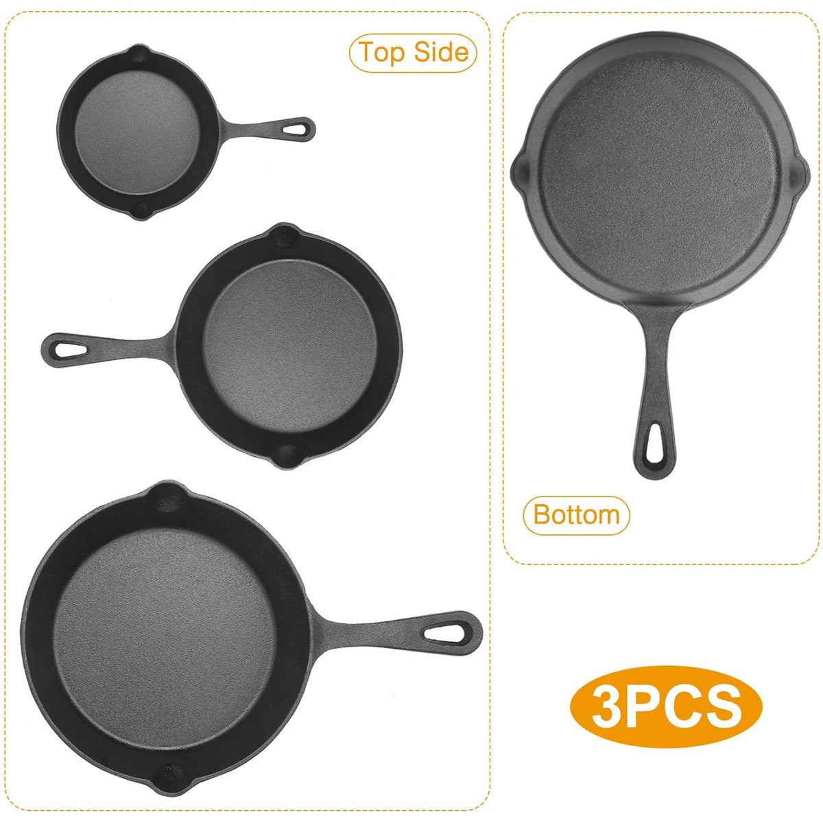 3Pcs Pre-Seasoned Cast Iron Skillet Set for Indoor Outdoor 6In 8In 10In Non-Stick Oven Safe Cookware Heat-Resistant Frying Pan for Frying Cooking Baking