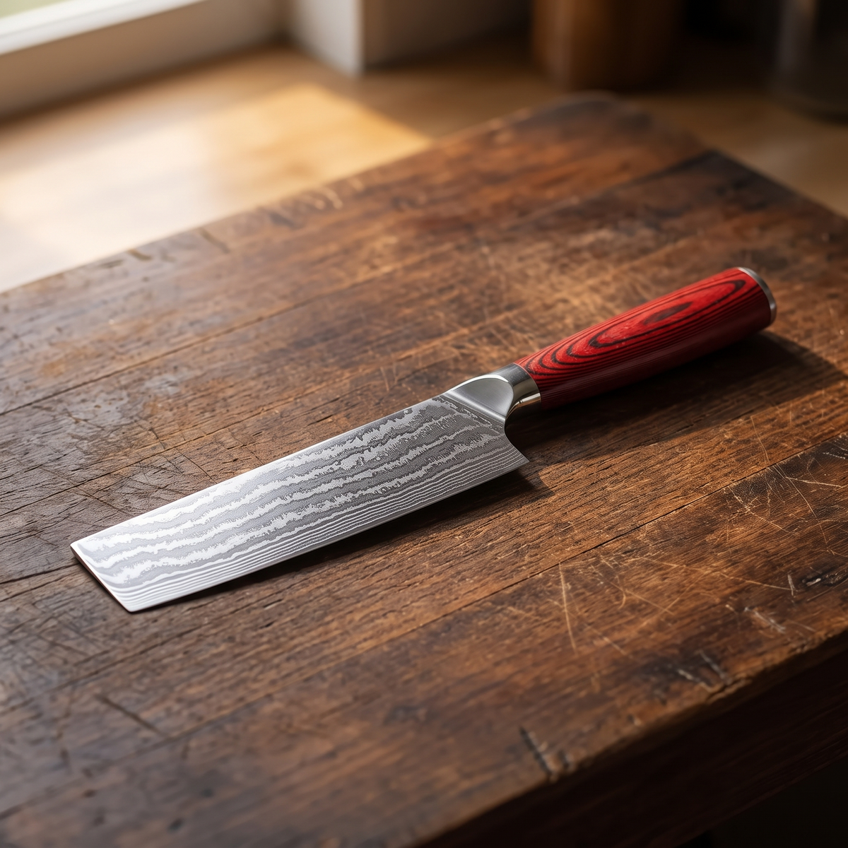 Izarsi 67-Layer Damascus Nakiri Knife - resting on dark wood counter