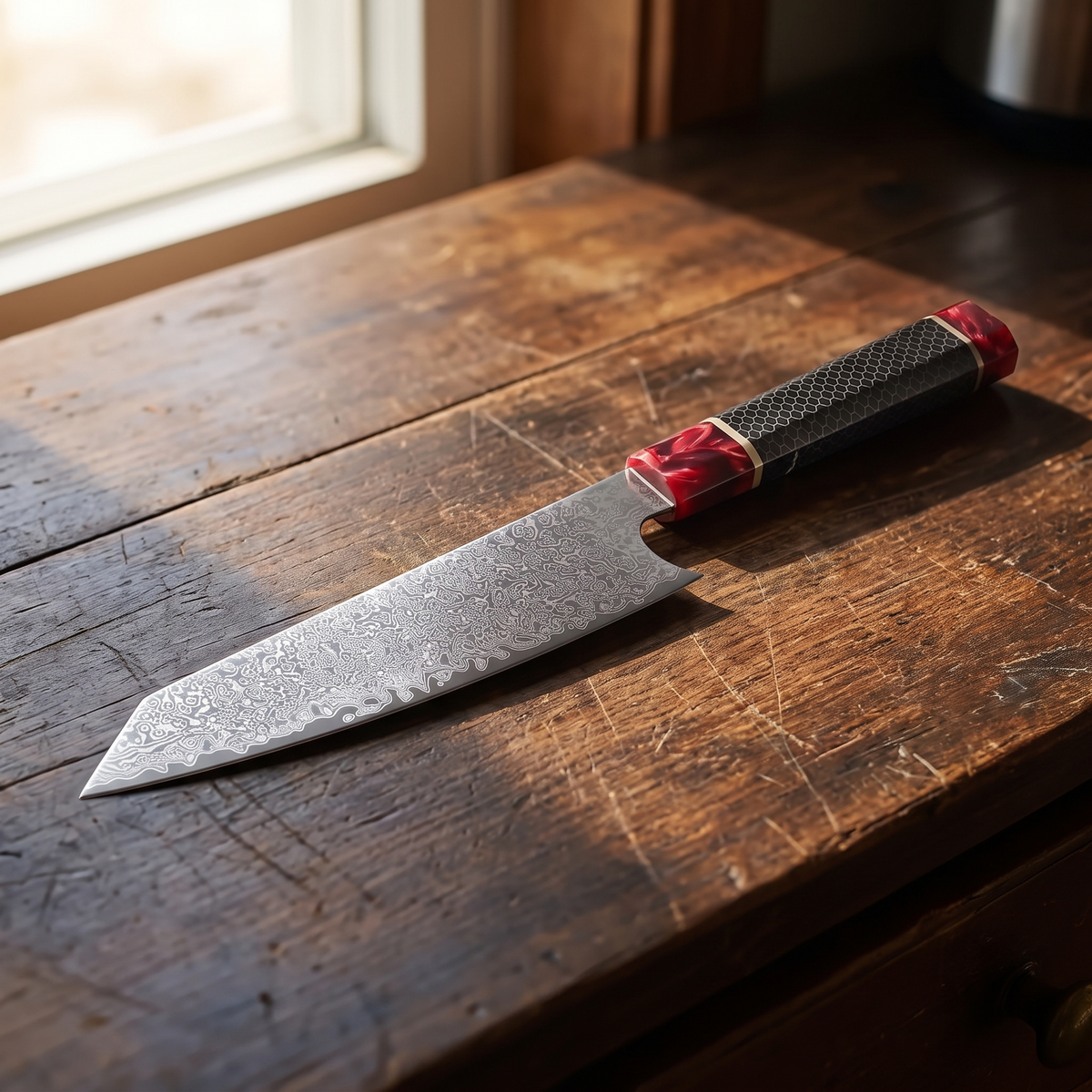 Izarsi Japanese Damascus Cleaver Knife - resting on dark wood counter