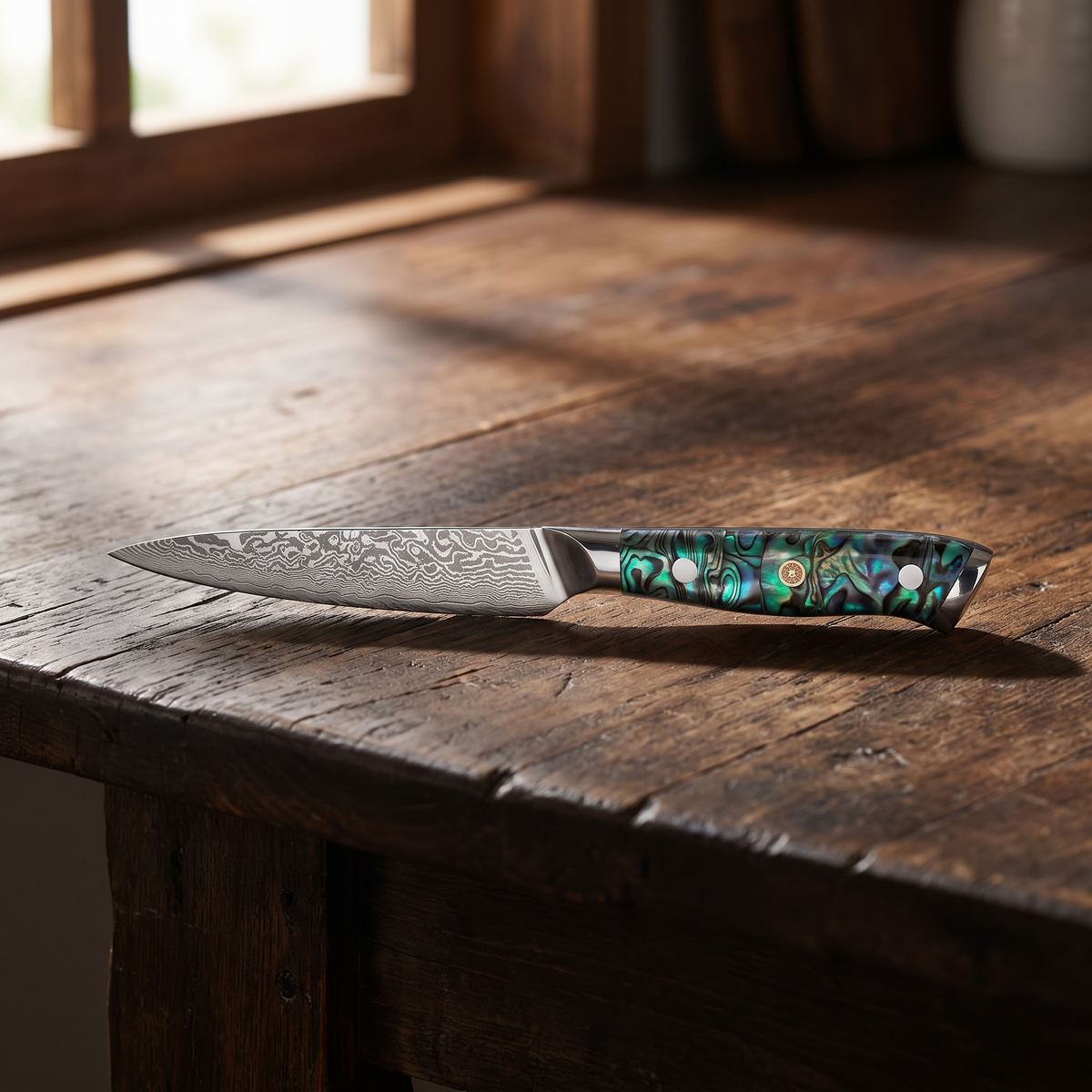 Izarsi 67-Layer Damascus Utility Knife - resting on dark wood counter