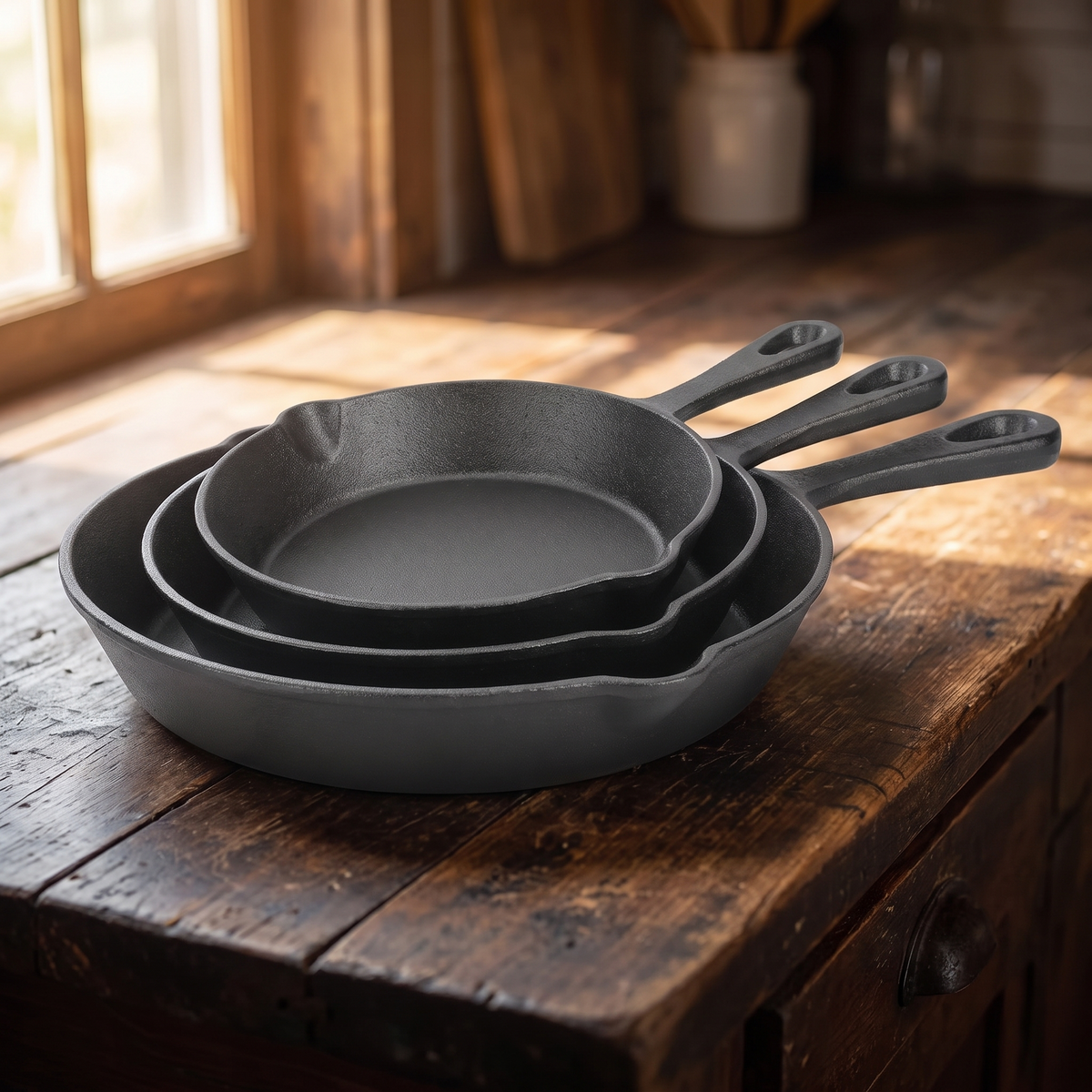 Izarsi Cast Iron Skillet Set - resting on dark wood counter