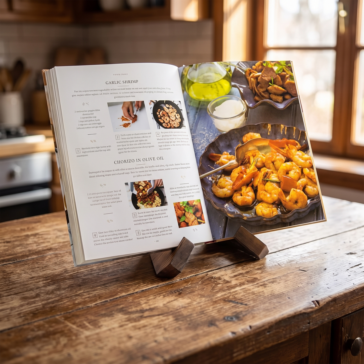 Izarsi Rustic Wood Cookbook Stand - on wood kitchen counter