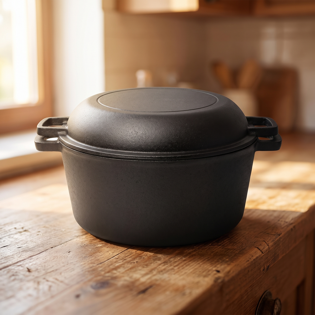 Izarsi Cast Iron Dutch Oven - resting on wood kitchen counter