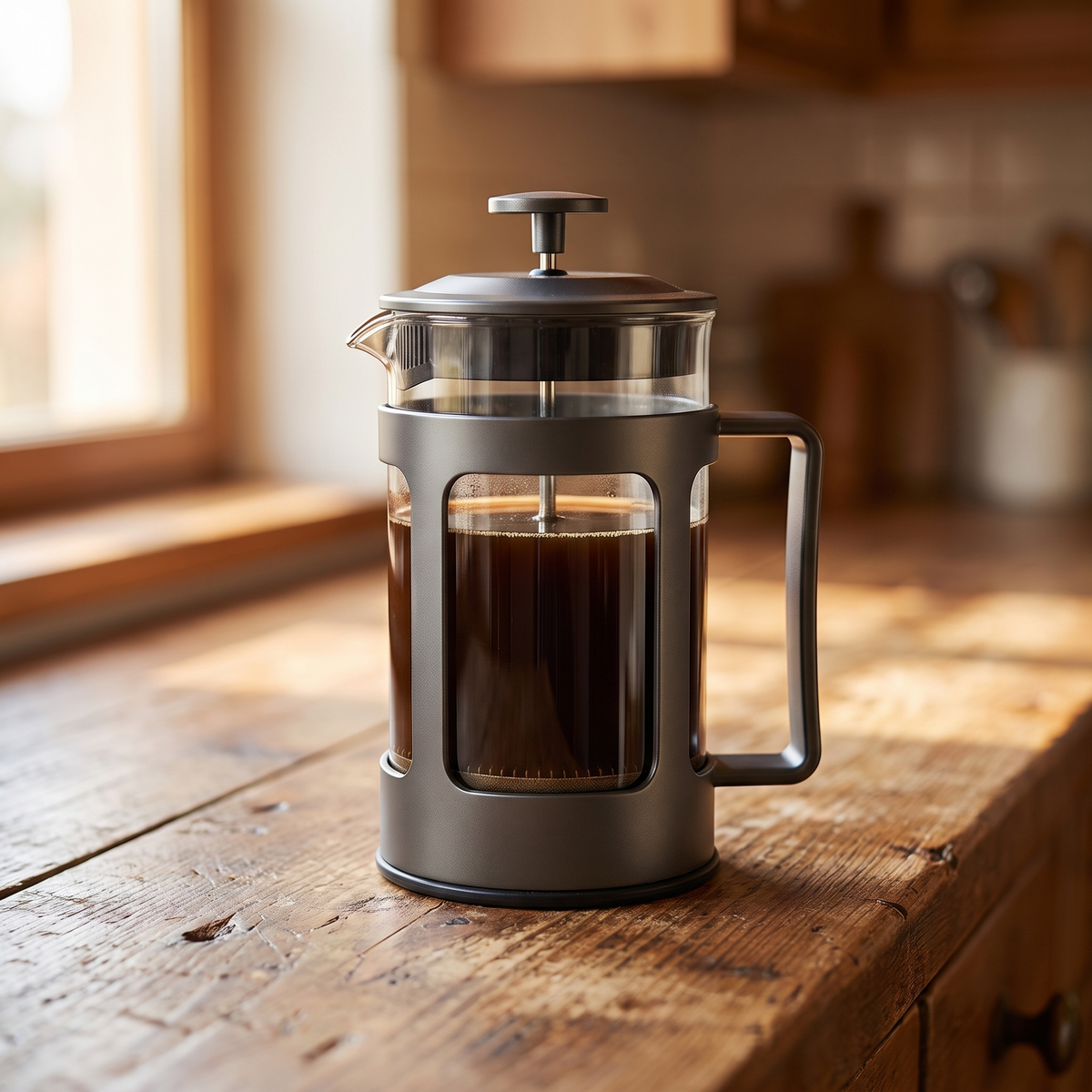 Izarsi Glass Steel French Press - resting on wood kitchen counter