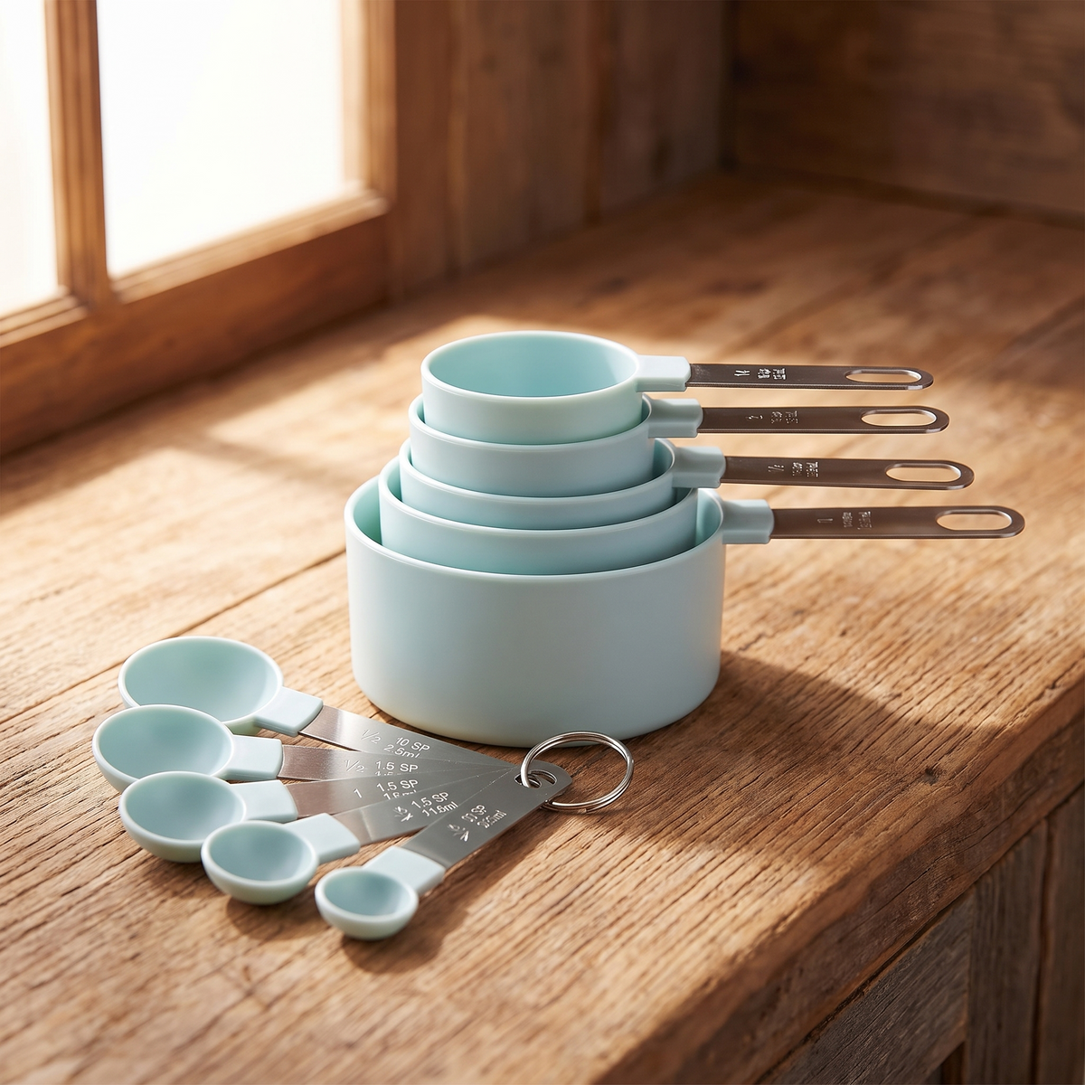Izarsi Stainless Steel Measuring Set - resting on wood kitchen counter